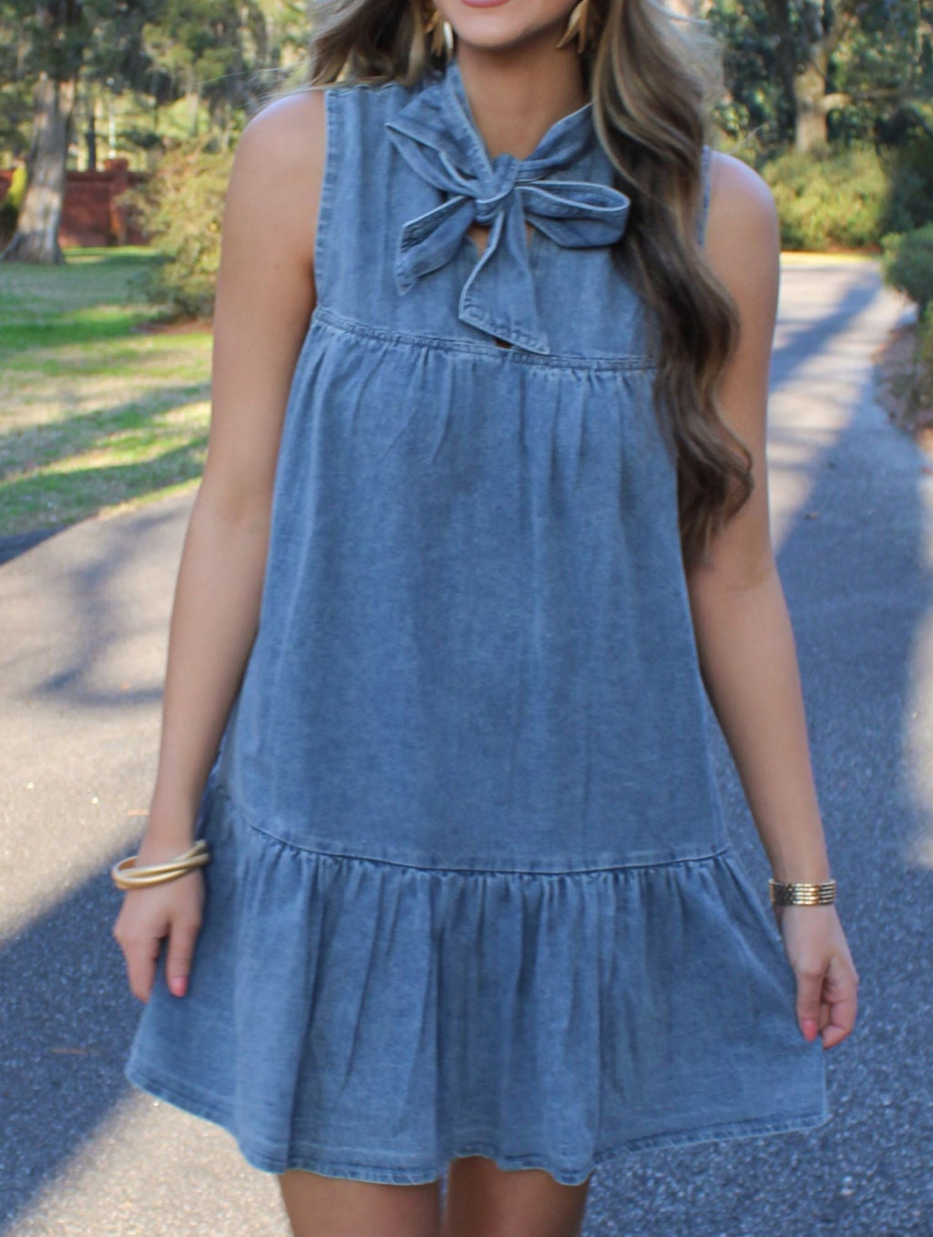 Bow Neck Tiered Denim Mini Dress - Blue - 3