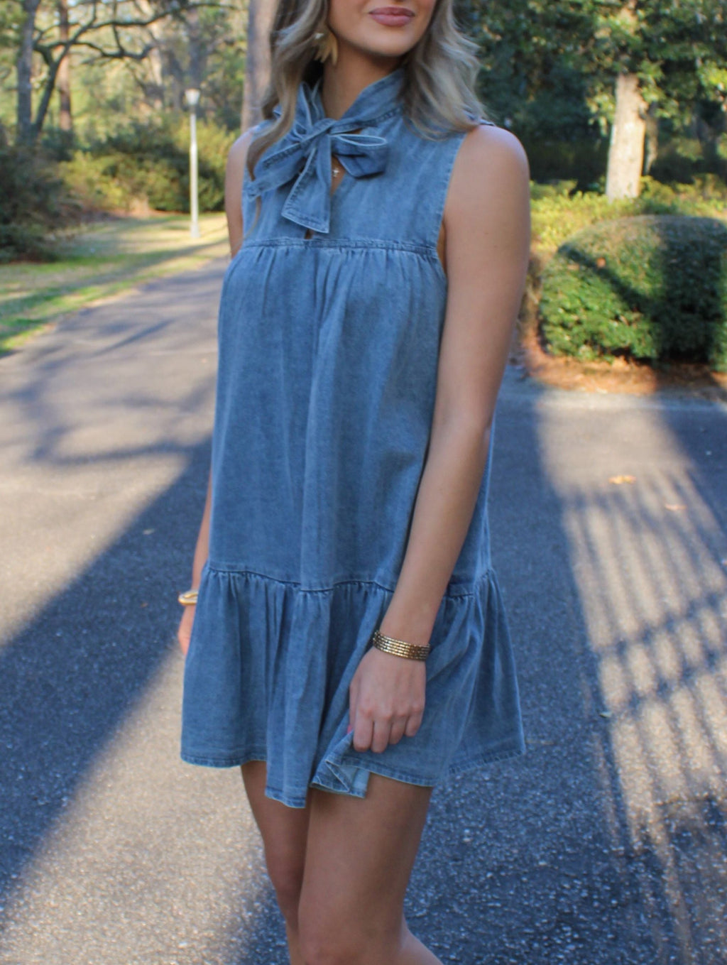 Bow Neck Tiered Denim Mini Dress - Blue - 4