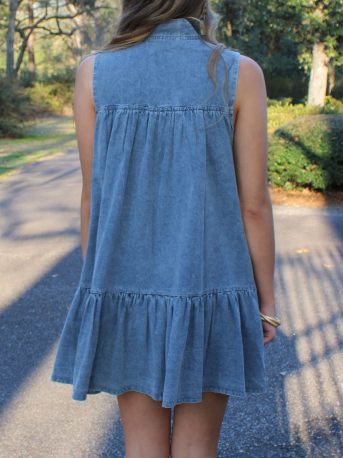 Bow Neck Tiered Denim Mini Dress - Blue - 5