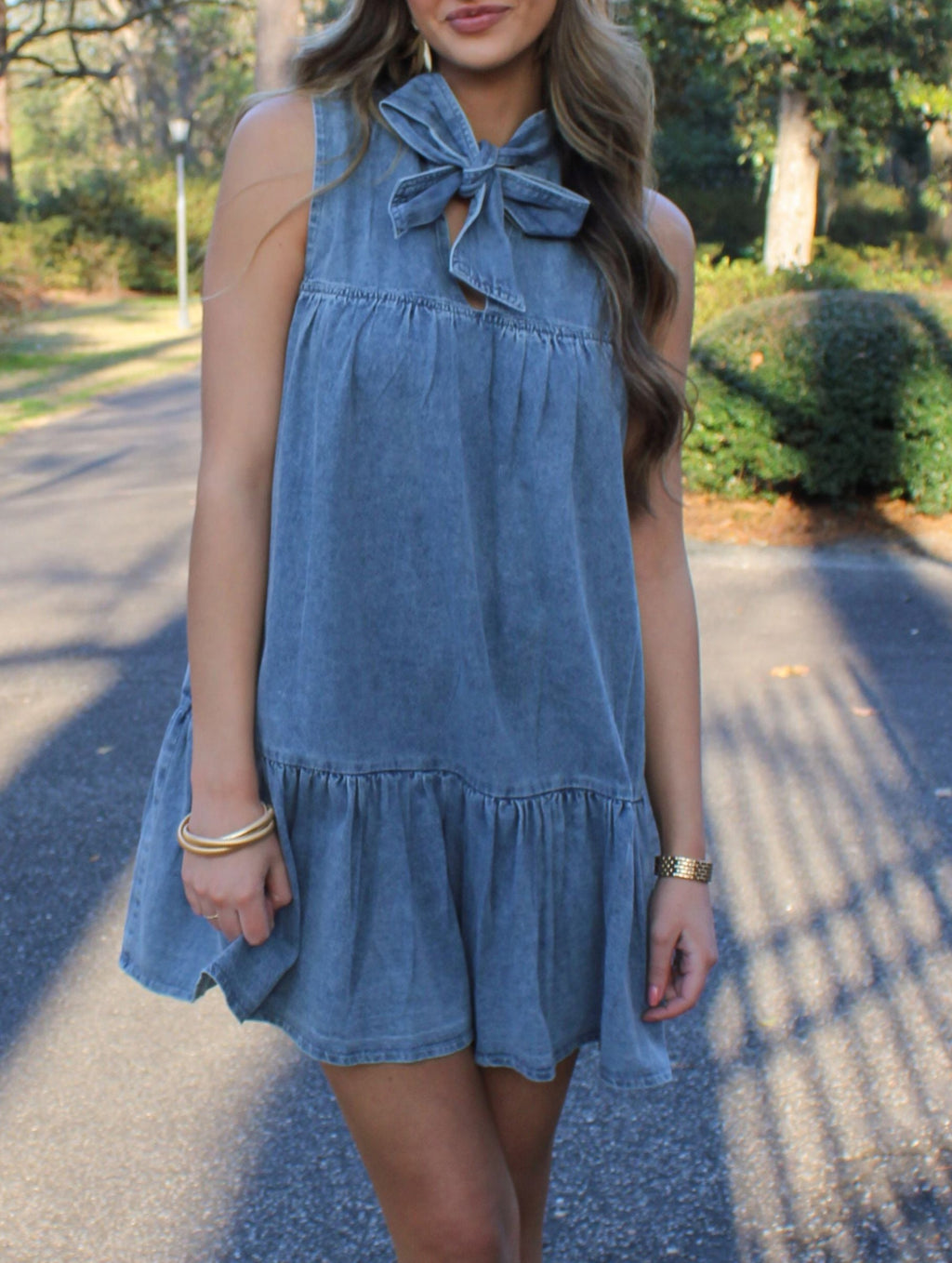 Bow Neck Tiered Denim Mini Dress
