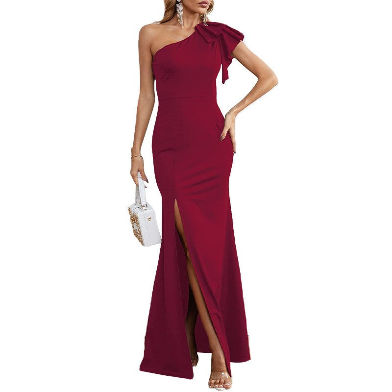 One Shoulder Ruffle Mermaid Slit Maxi Dress
