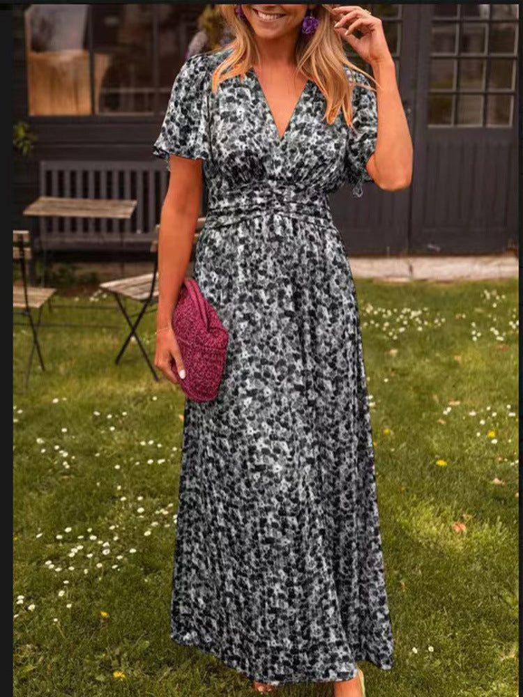 Floral Print Flutter Sleeve Tiered Maxi Dress - Black