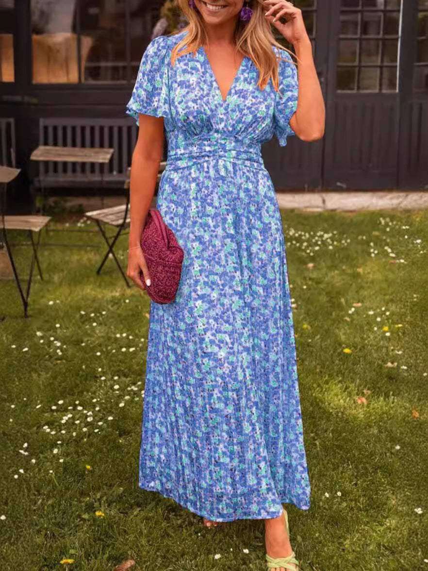 Floral Print Flutter Sleeve Tiered Maxi Dress - Blue