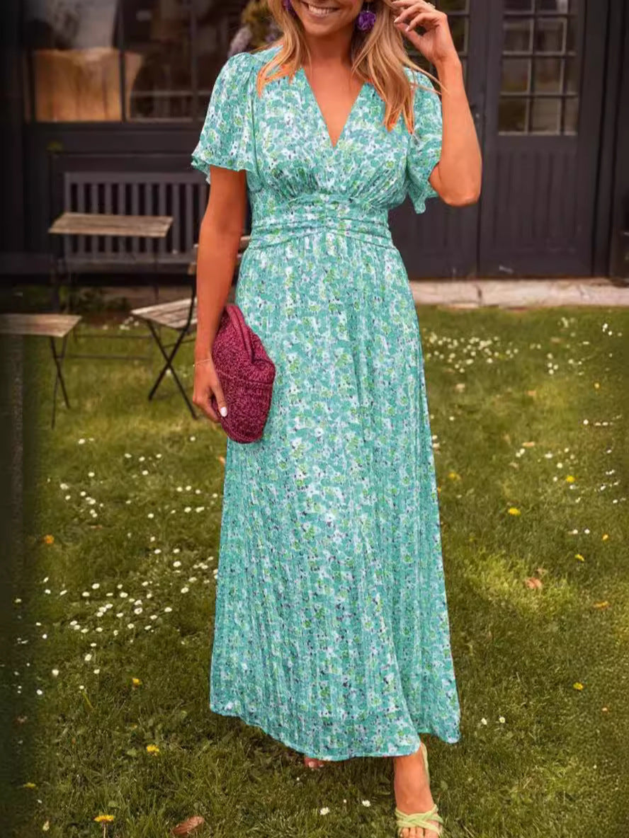 Floral Print Flutter Sleeve Tiered Maxi Dress - Green