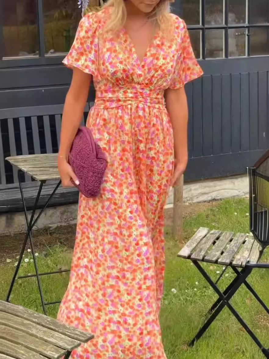 Floral Print Flutter Sleeve Tiered Maxi Dress - Orange
