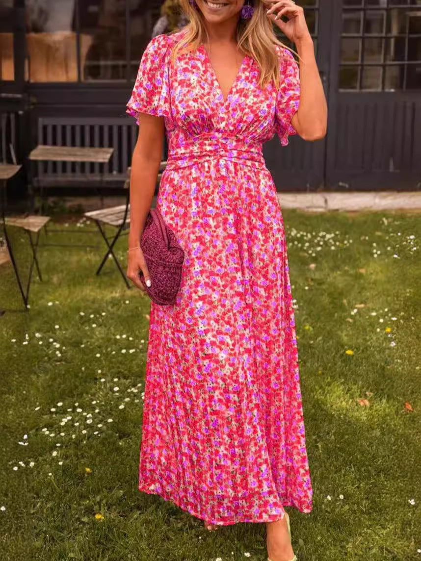 Floral Print Flutter Sleeve Tiered Maxi Dress - Red
