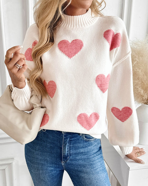 Allover Heart Knit Mock Neck Pullover - Pink