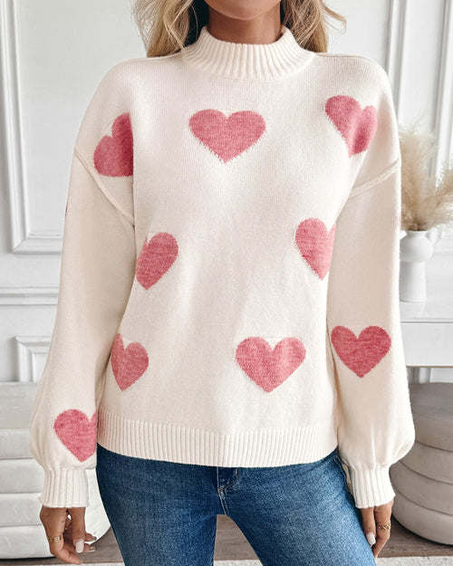 Allover Heart Knit Mock Neck Pullover - Pink - 1
