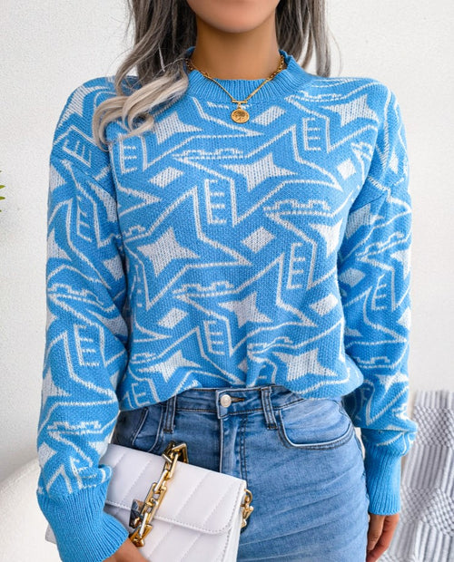 Abstract Star Pattern Drop Shoulder Sweater - Blue