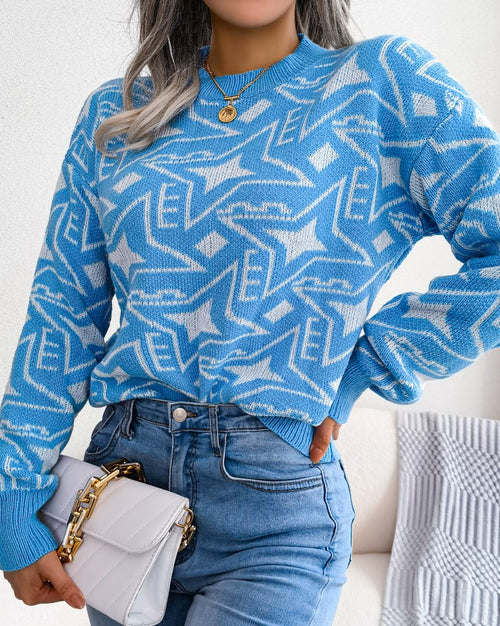 Abstract Star Pattern Drop Shoulder Sweater - Blue - 1