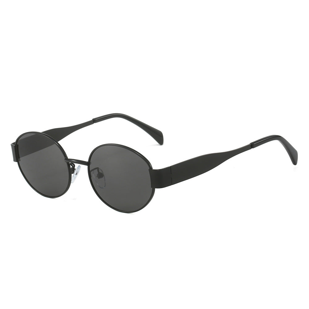 Retro Oval Slim Metal Frame Sunglasses - Black_G