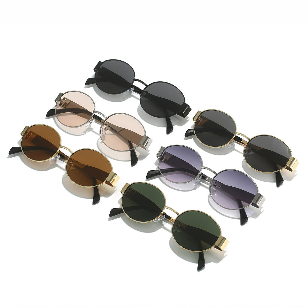 Retro Oval Slim Metal Frame Sunglasses - Gold_DG