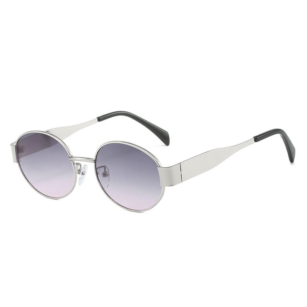 Retro Oval Slim Metal Frame Sunglasses - Silver_G