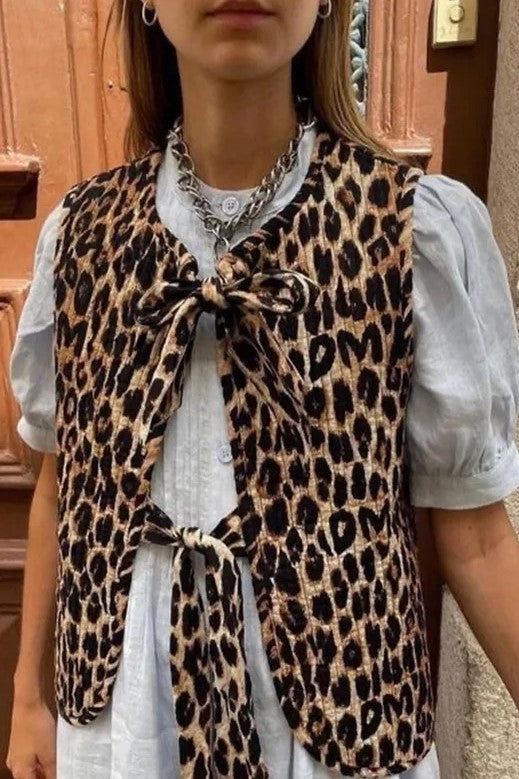 Leopard Print Quilted Tie Front Vest - leopard