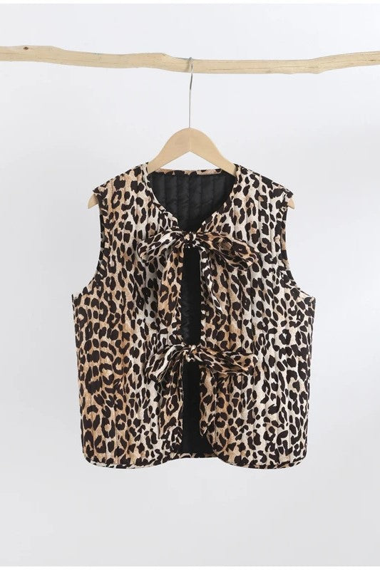Leopard Print Quilted Tie Front Vest - leopard - 1