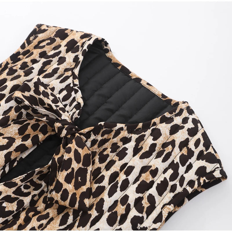 Leopard Print Quilted Tie Front Vest - leopard - 3