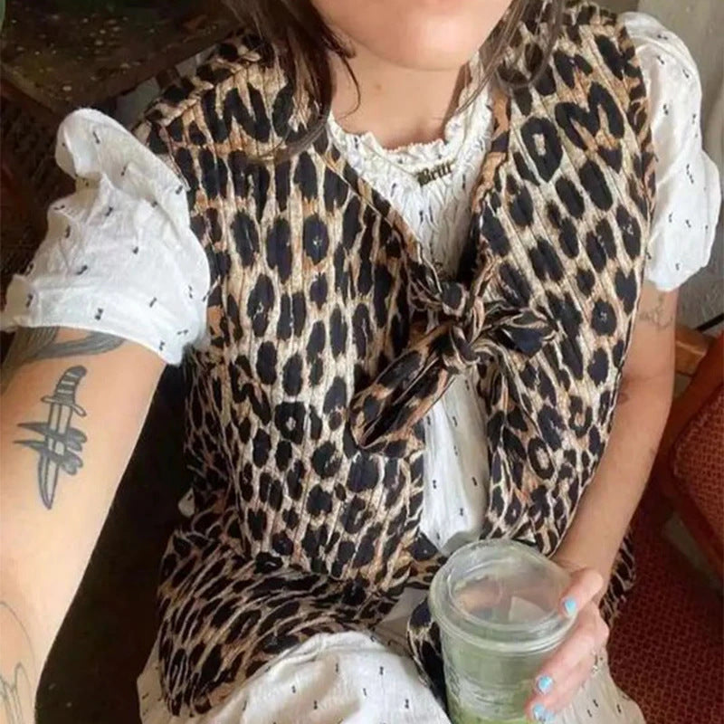 Leopard Print Quilted Tie Front Vest - leopard - 4