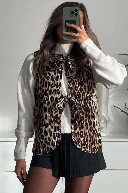 Leopard Print Quilted Tie Front Vest - leopard - 5