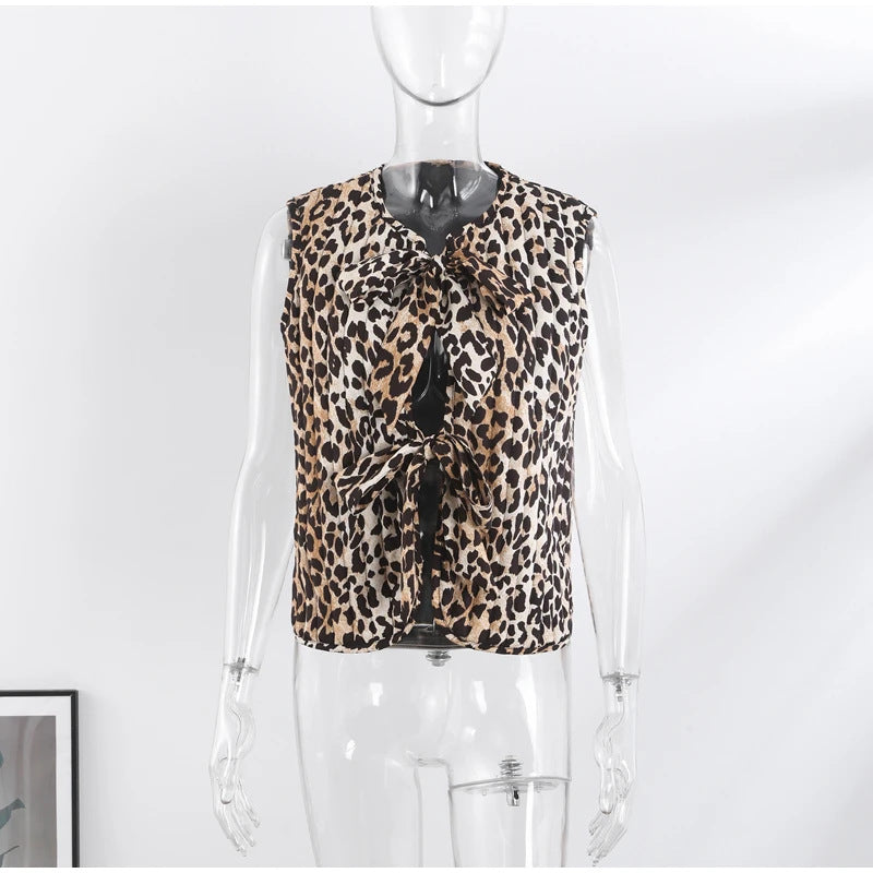 Leopard Print Quilted Tie Front Vest - leopard - 6