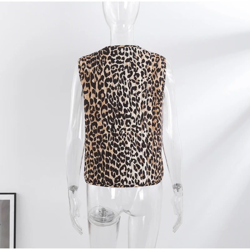 Leopard Print Quilted Tie Front Vest - leopard - 7