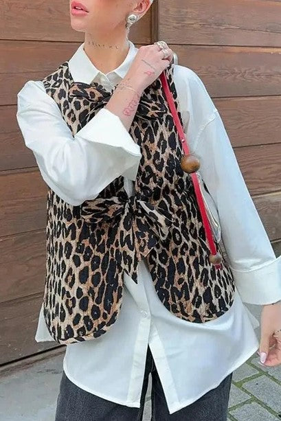 Leopard Print Quilted Tie Front Vest - leopard - 8