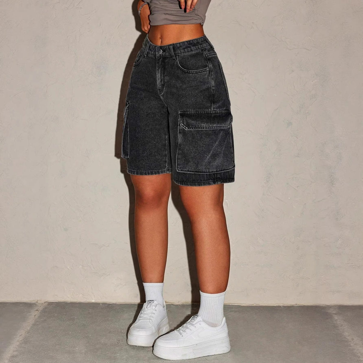 Washed Black Mid Rise Cargo Denim Bermuda Shorts