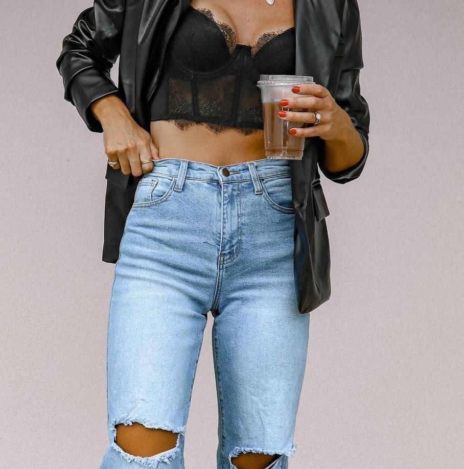 High Waist Ripped Knee Wide Leg Jeans - Blue