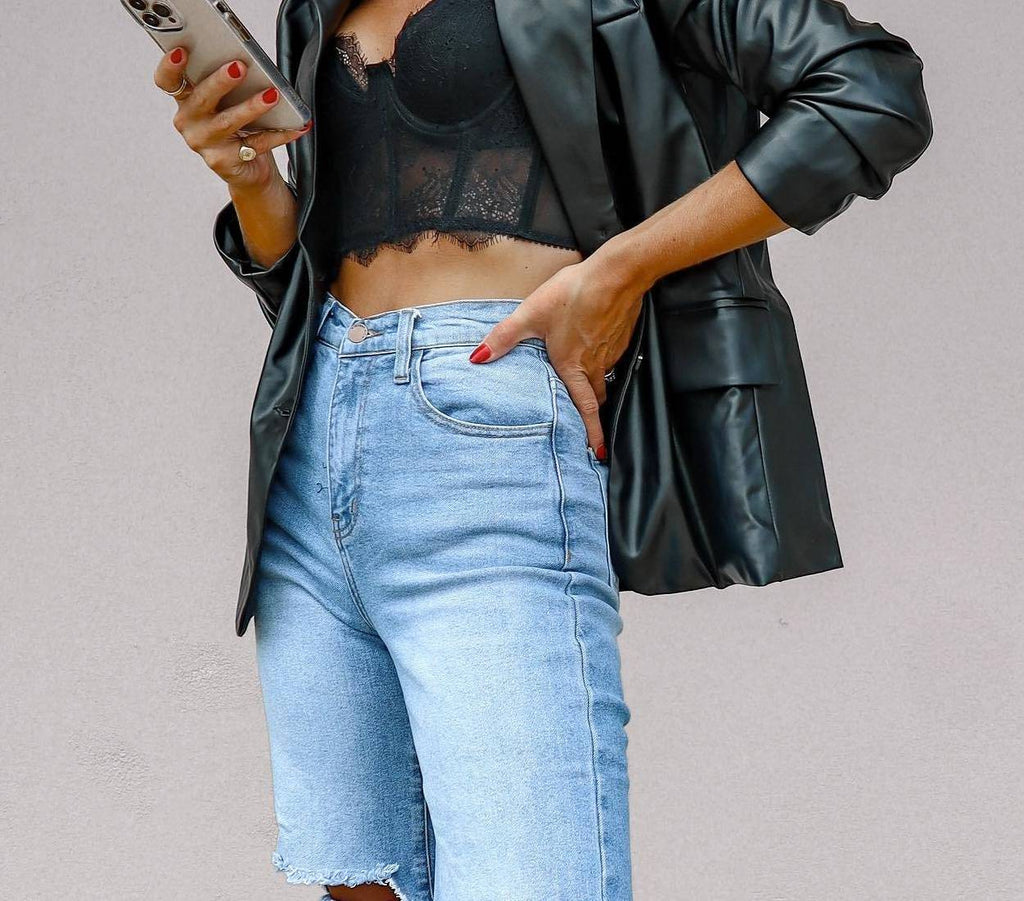 High Waist Ripped Knee Wide Leg Jeans - Blue - 1