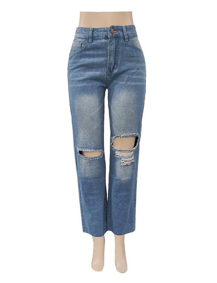 High Waist Ripped Knee Wide Leg Jeans