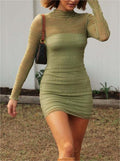 Sheer Mesh Ruched Long Sleeve Mini Dress - Matcha 