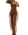 Fringe Trim Cutout Wide Leg Jumpsuit - Brown