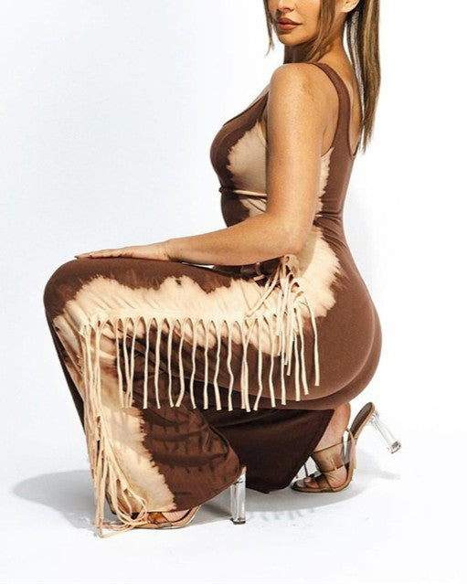 Fringe Trim Cutout Wide Leg Jumpsuit - Brown - 2