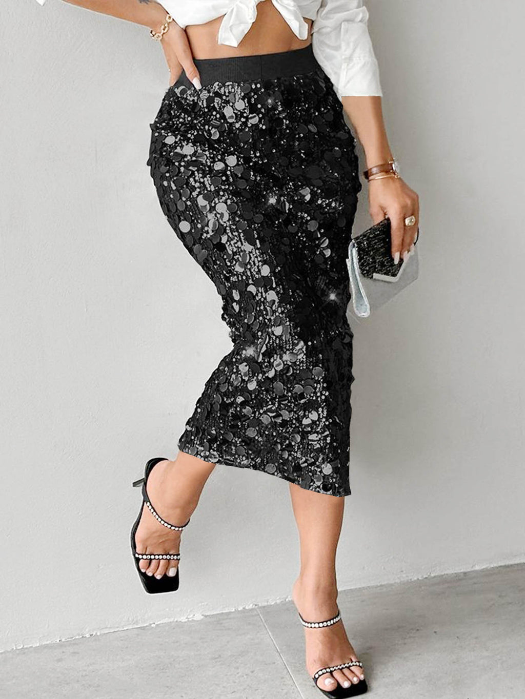 High Waist Sequin Pencil Skirt With Slit - Black