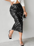 High Waist Sequin Pencil Skirt With Slit - Black