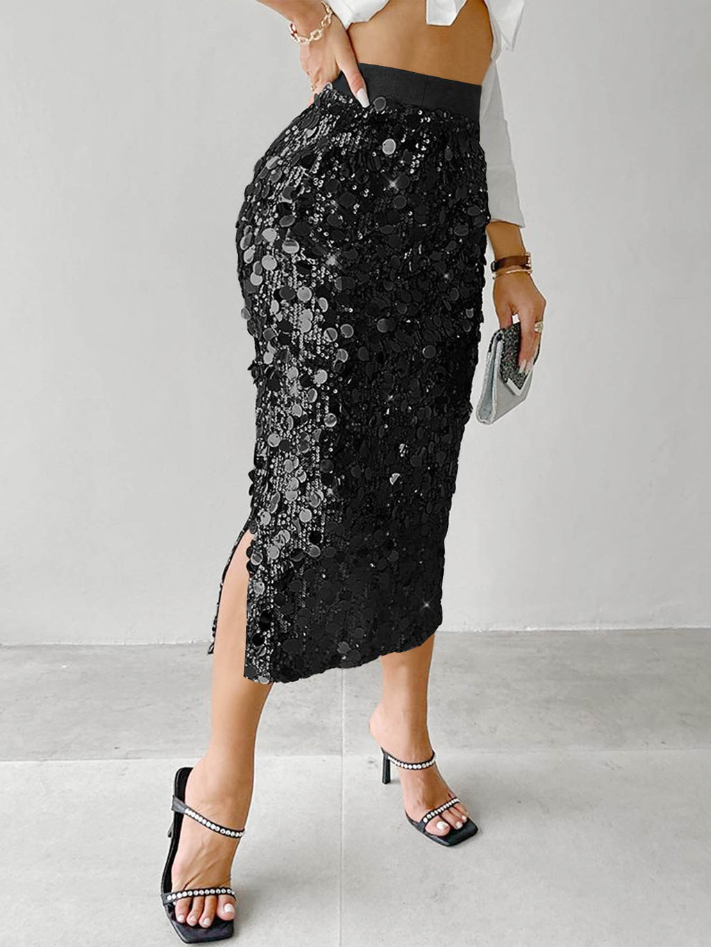 High Waist Sequin Pencil Skirt With Slit - Black - 2