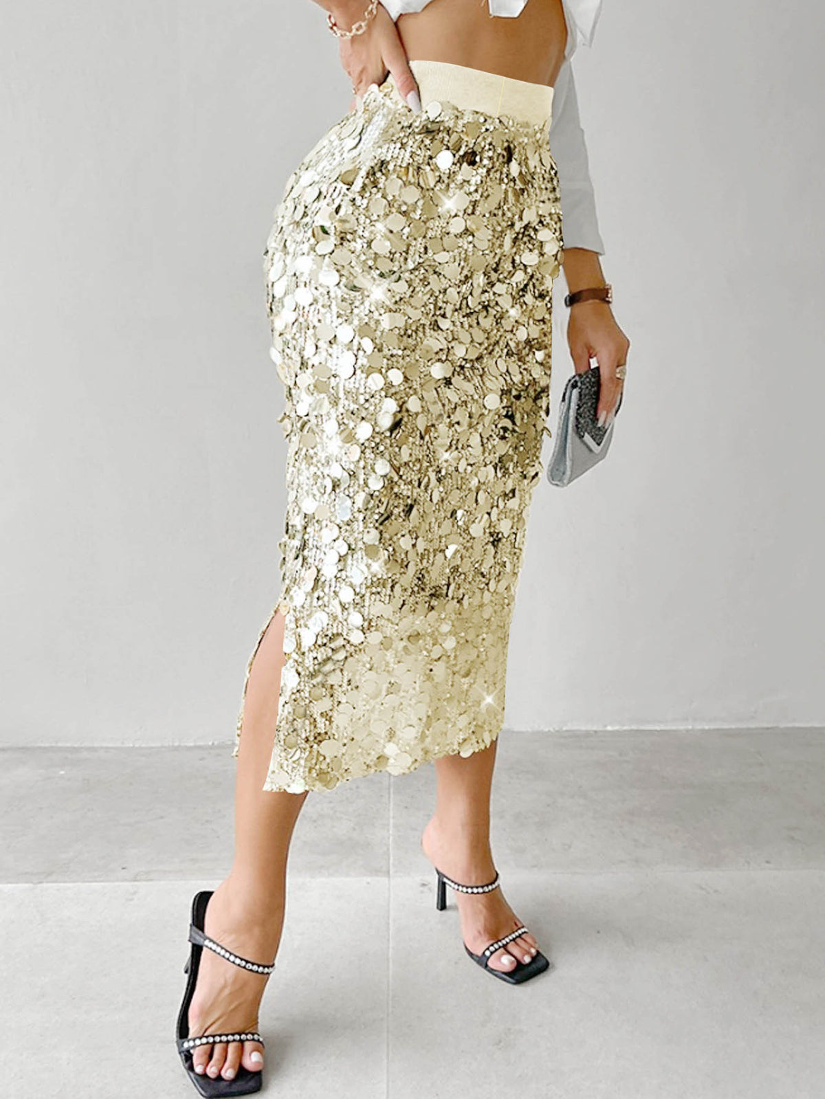 High Waist Sequin Pencil Skirt With Slit - Golden