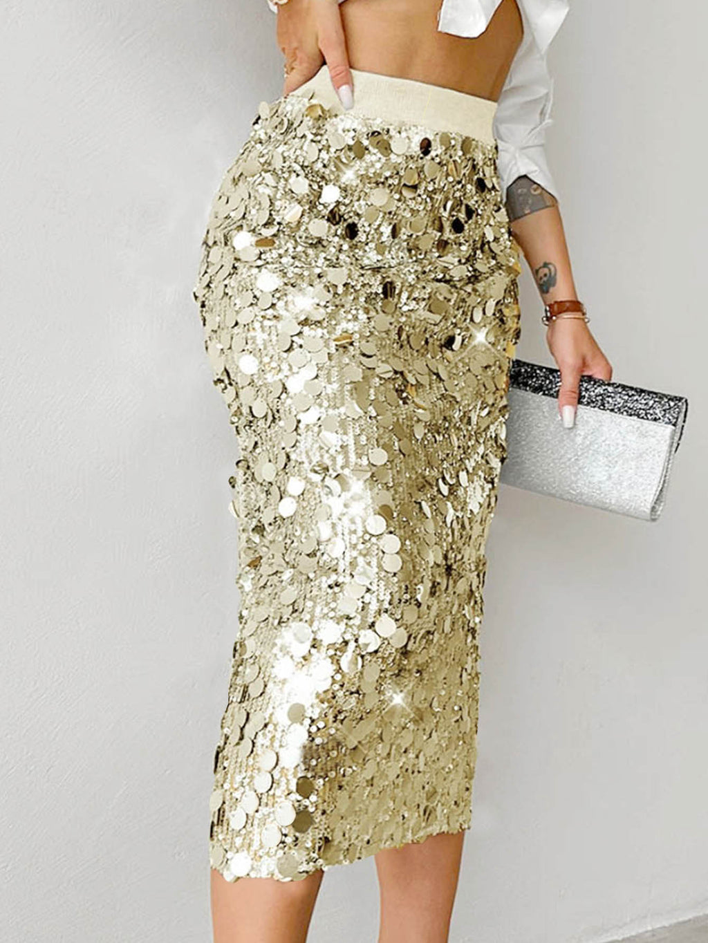 High Waist Sequin Pencil Skirt With Slit - Golden - 1