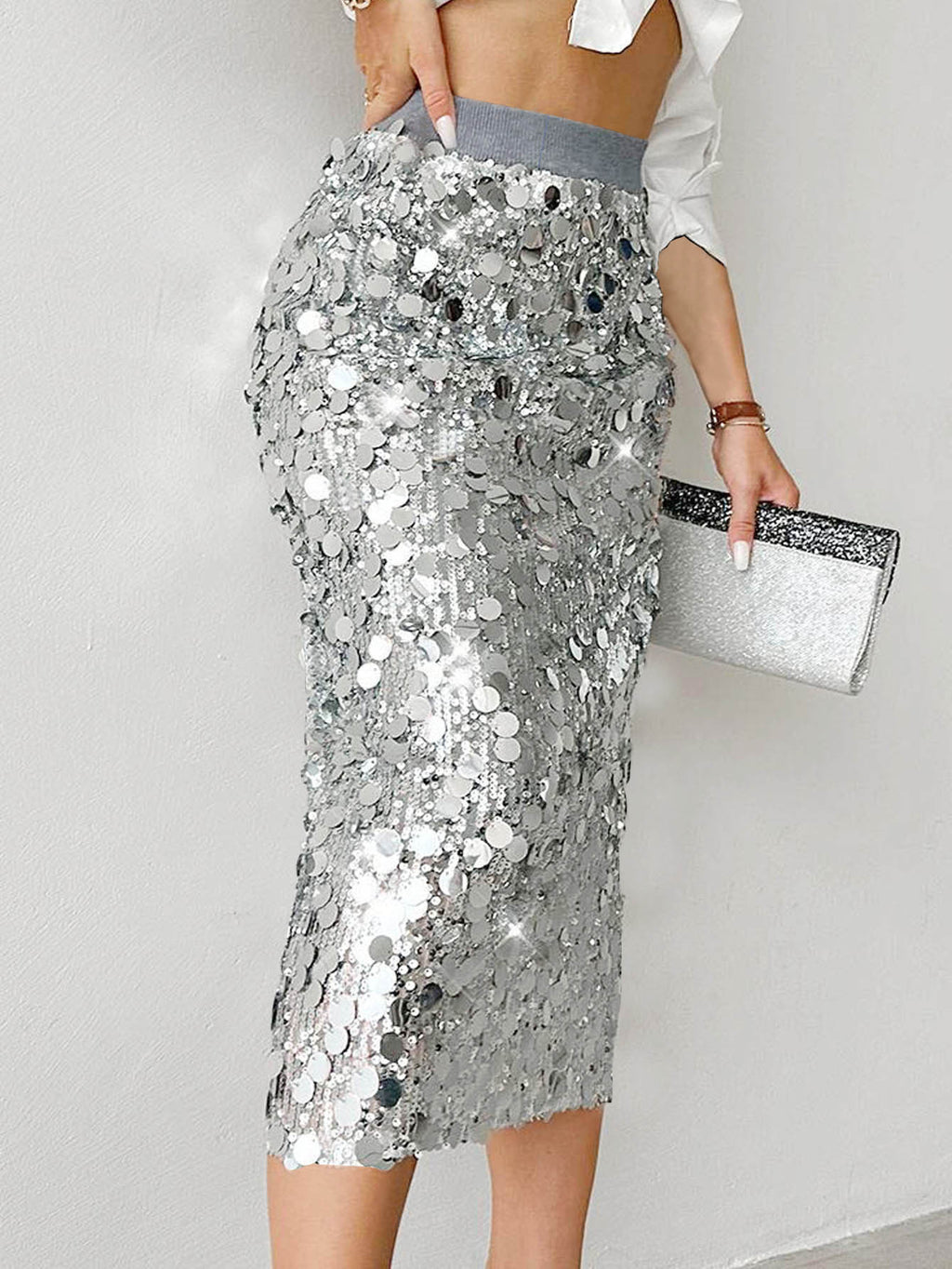 High Waist Sequin Pencil Skirt With Slit - Silver
