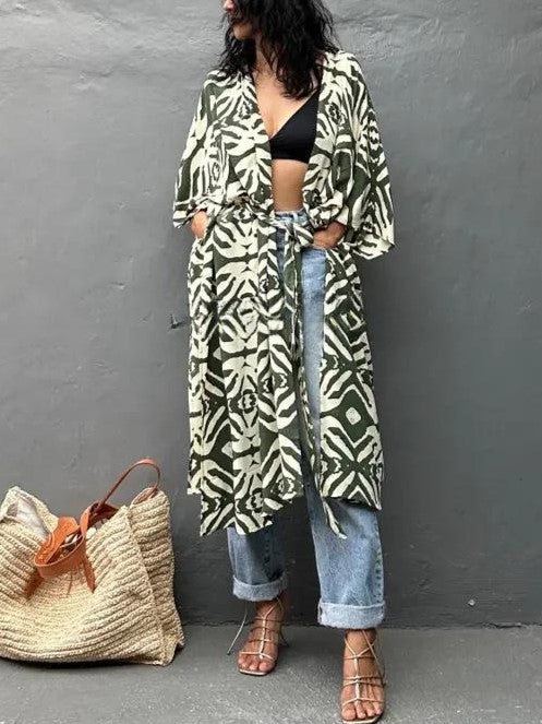 Abstract Print Longline Open Front Kimono - Green
