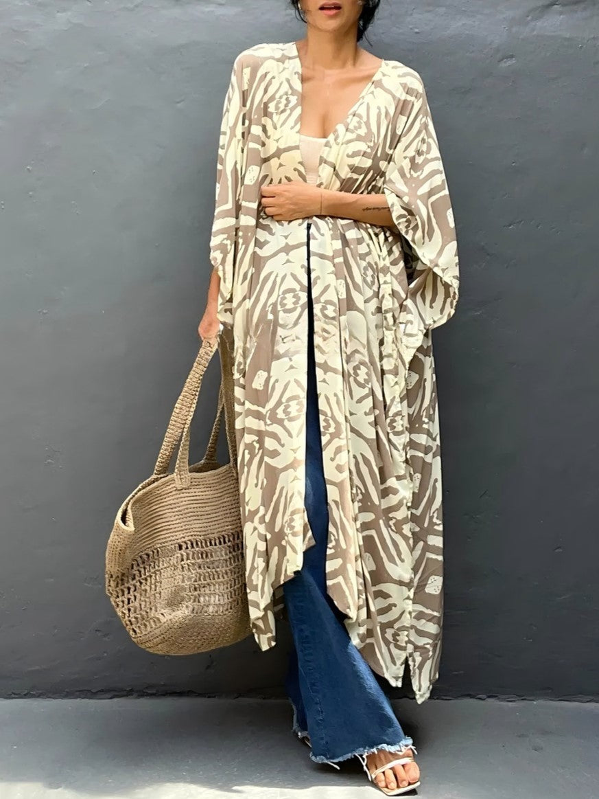 Abstract Print Longline Open Front Kimono - Khaki