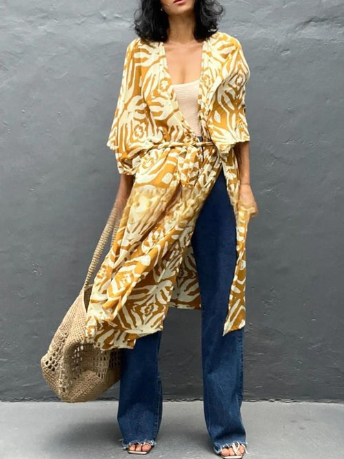 Abstract Print Longline Open Front Kimono - Yellow