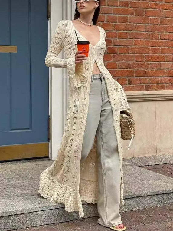 Ruffle Hem Crochet Knit Duster Cardigan - Apricot