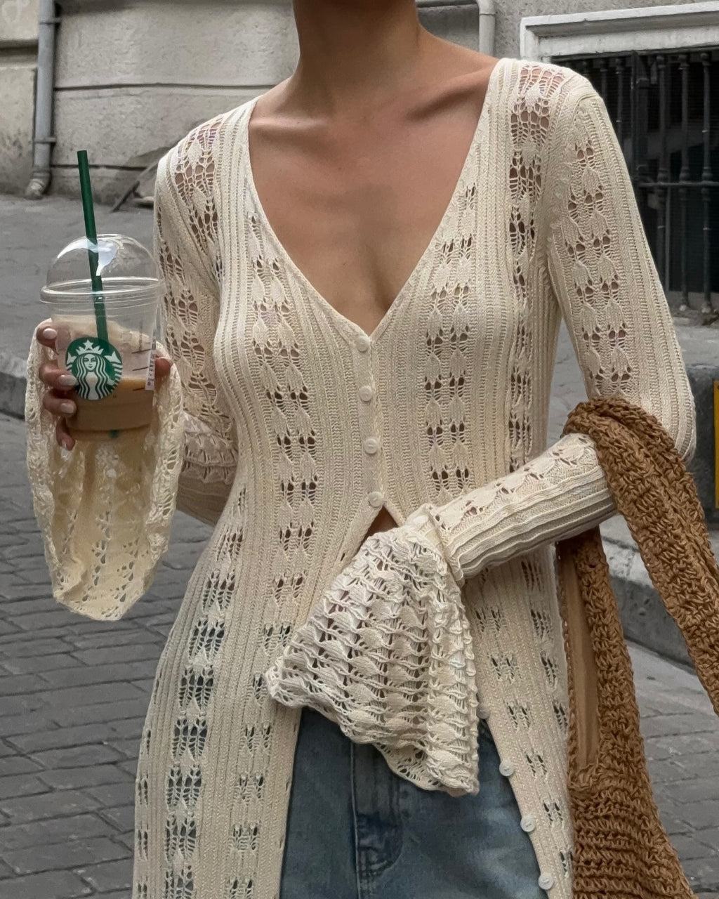 Ruffle Hem Crochet Knit Duster Cardigan - Apricot - 1