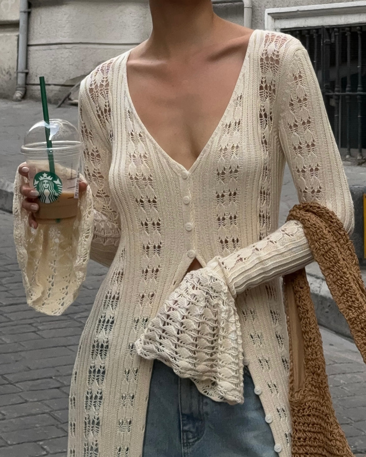 Ruffle Hem Crochet Knit Duster Cardigan - Apricot - 1