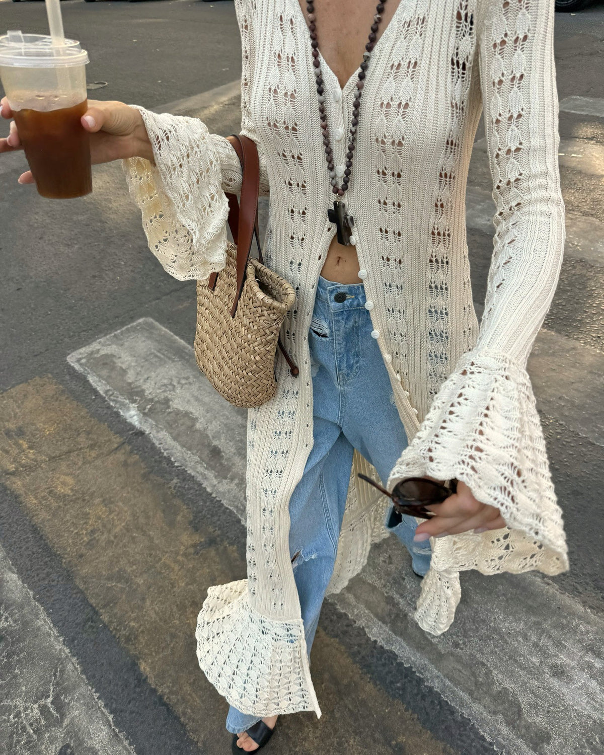 Ruffle Hem Crochet Knit Duster Cardigan - Apricot - 8