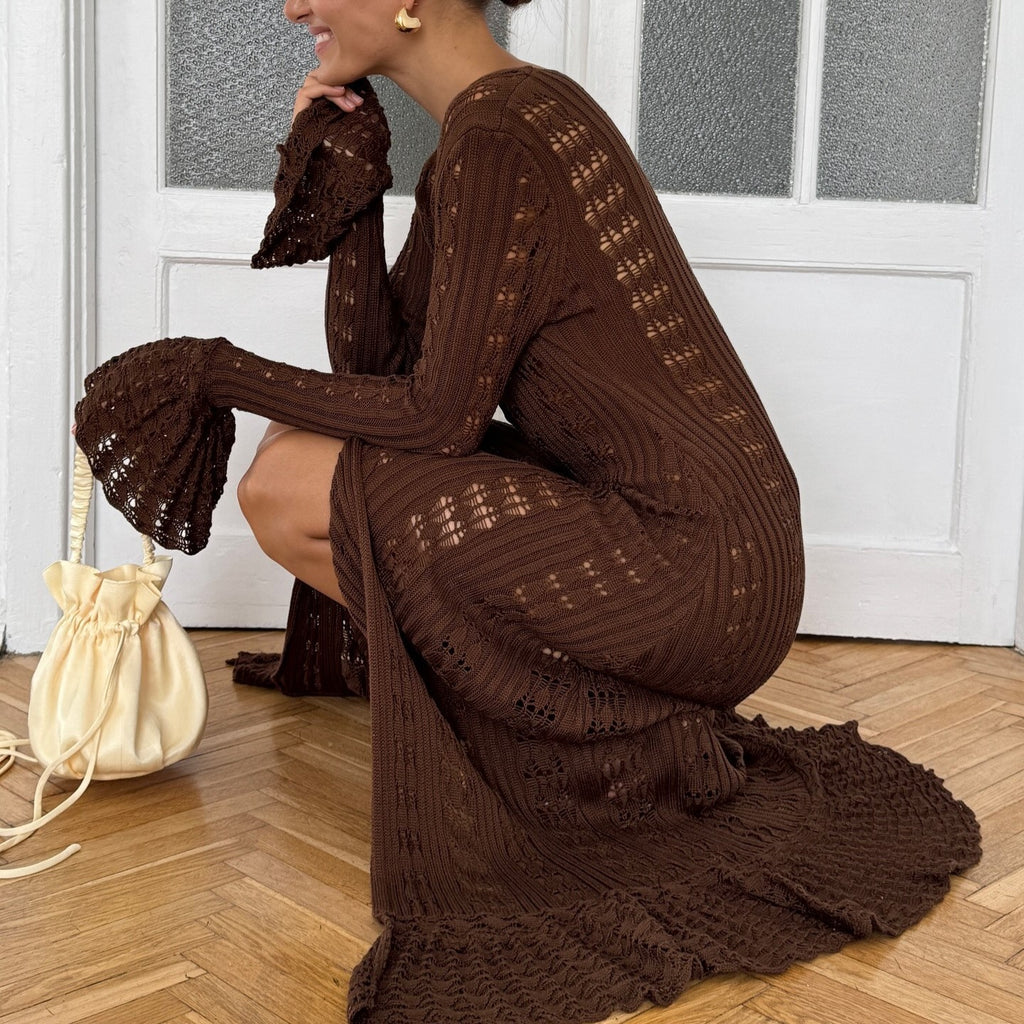 Ruffle Hem Crochet Knit Duster Cardigan - Coffee