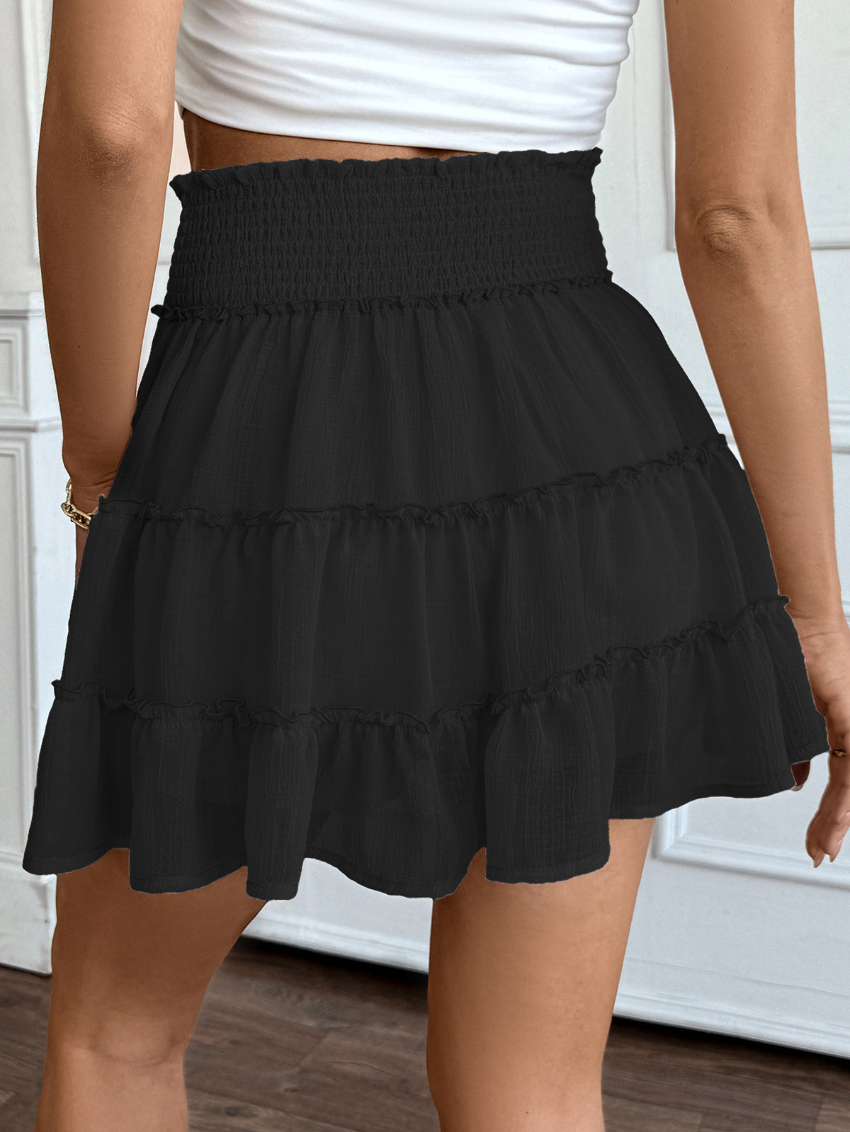 Smocked Waist Tiered Ruffle Mini Skirt - black - 3
