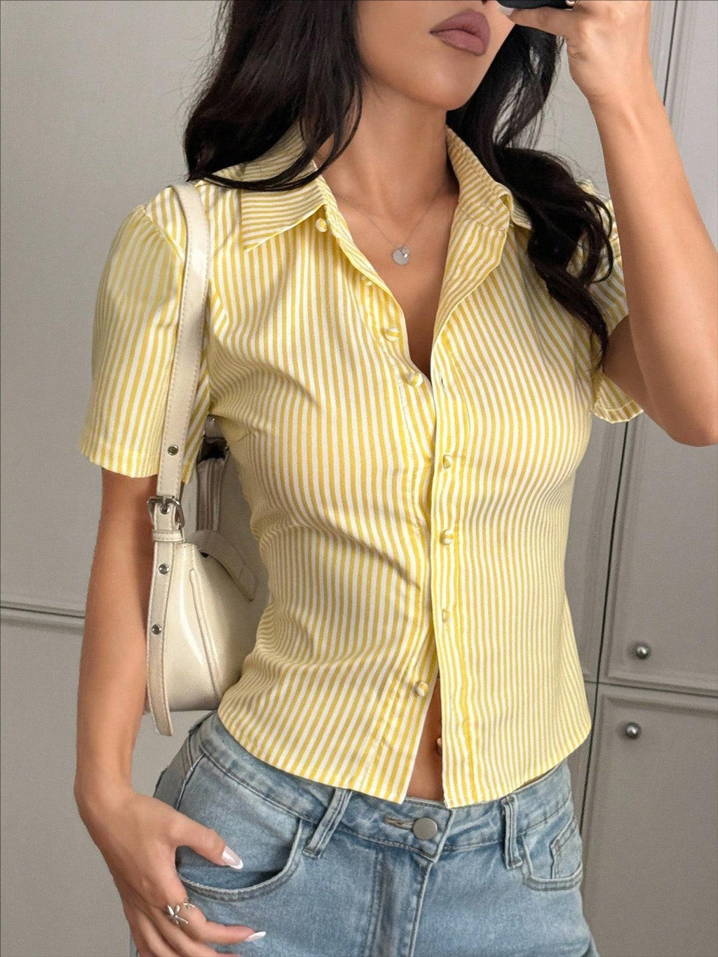Pinstripe Puff Sleeve Collared Shirt - Yellow - 2