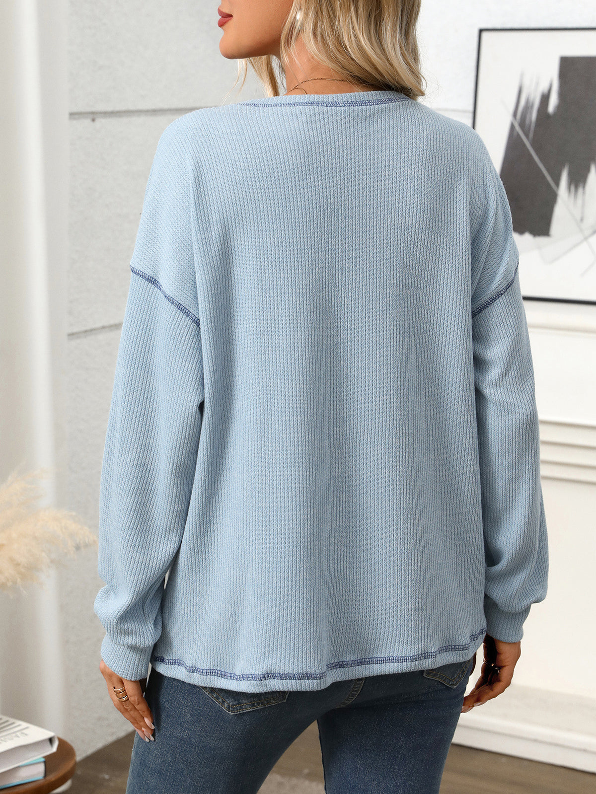 Waffle Knit Patch Pocket Long Sleeve Top - Blue - 2