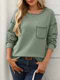 Waffle Knit Patch Pocket Long Sleeve Top - Green